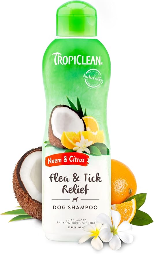 TropiClean Citrus Flea & Tick Shampoo for Dogs, Soothing Bite Relief, Fresh Citrus Scent, Made in the USA, 20oz.