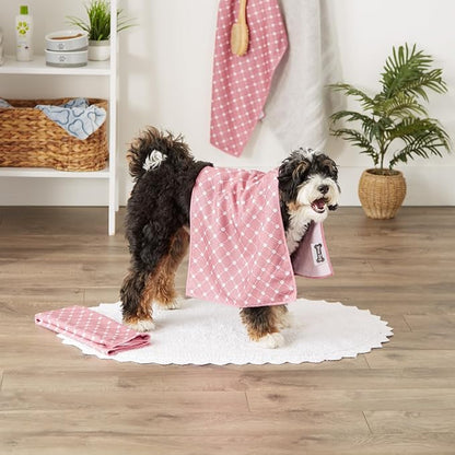 Bone Dry Pet Grooming Towel Collection Absorbent Microfiber X-Large, 41x23.5", Trellis Hunter Green