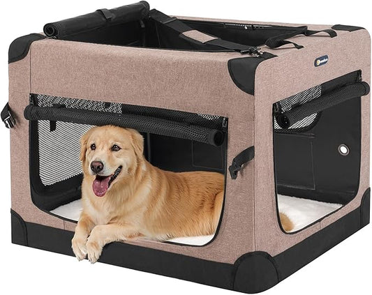 Veehoo 36 inch Folding Soft Dog Crate, 4-Door Portable Collapsible Pet Kennel Travel Dog Crate for Large Dogs, 5 x Durable Mesh Screen, 600D Oxford Fabric, Indoor & Outdoor Use, Brown, CWB2428CP