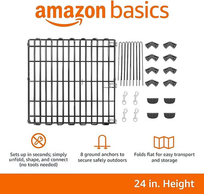 Amazon Basics Foldable Octagonal Metal Exercise Dog Playpen - Indoor/Outdoor, No Door, Extra Small (8 Panels, 24 x 24), Easy to assemble, store, and customize, 24" - Puppy, Black