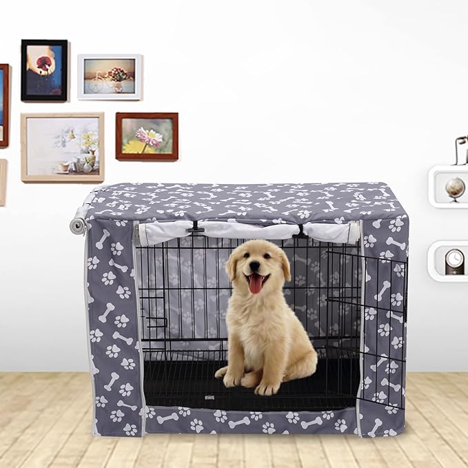 Dog Crate Cover Kennel Dogs Covers fits Small Medium Large crates cage Heavy Nylon Waterproof soundproof Indoor Outdoor - Cover only - Grey Bone paw - 30 inch