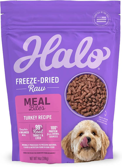 Halo Meal Bites Freeze Dried Raw Dog Food, Turkey Recipe, Real Meat Dog Food Bag, Adult Recipe, 14-OZ Bag