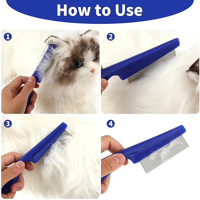 Pet Hair Comb Tear Stain Removal,2 Pack Multifunctional Pets Grooming Comb Kit 2 in 1 Dog Combs Stainless Grooming Massage Dual-Sided Comb for Knots Crust Floating Hair Tangle Fleas(Blue)