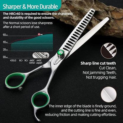 Professional Chunkers Shears for Dogs 7 inch Thinning Shears for Dogs Cats Pet Grooming Scissors Japanese 440C Stainless Steel 70% Thinning Rate 18 Teeth Green Clover