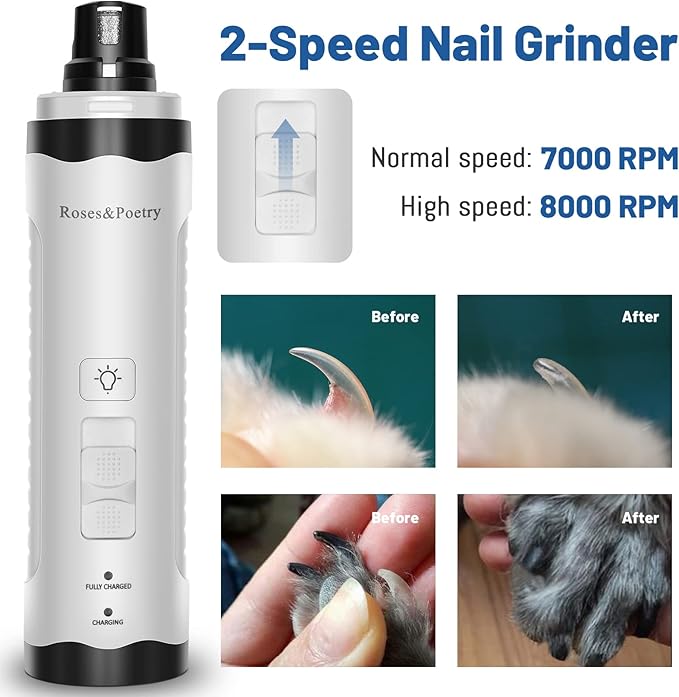 Roses&Poetry Nail Grinder with 2 LED Lighe and 3-Speed Electric Rechargeable Pet Nail Trimmer Painless Paws Grooming & Smoothing for Small Medium Large Dogs & Cats