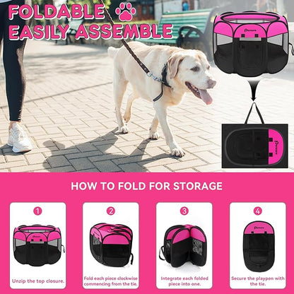 Dog Cat Playpen Indoor Outdoor for Puppy Pet Travel and Recovery After Surgery, Dogs Enclosure Tent Crates Cage Indoor/Outdoor, Portable Pop Up Dog Kennel with Carrying Case(Rosy, Medium)