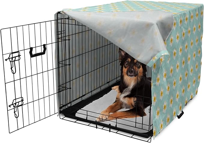 Lunarable Daffodil Dog Crate Cover, Pastel Nature Pattern with Spring Field Theme Narcissus Flower Heads, Easy to Use Pet Kennel Cover for Medium Large Dogs, 36 Inch, Seafoam Cream Yellow
