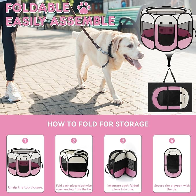 Dog Cat Playpen Indoor Outdoor for Puppy Pet Travel, Dogs Enclosure Tent Crates Cage for Recovery After Surgery, Portable Pop Up Dog Kennel with Carrying Case(Pink, Large)