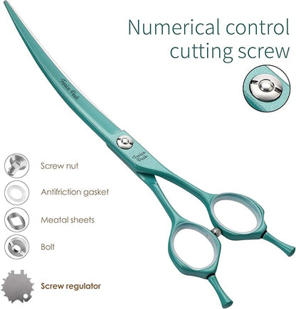 Fenice Peak Curved Dog Grooming Scissors with Cyan Color Coating 440C Stainless Steel Pet Grooming Bending Shears Sharp and Durable Comfortable Engonomic Handle