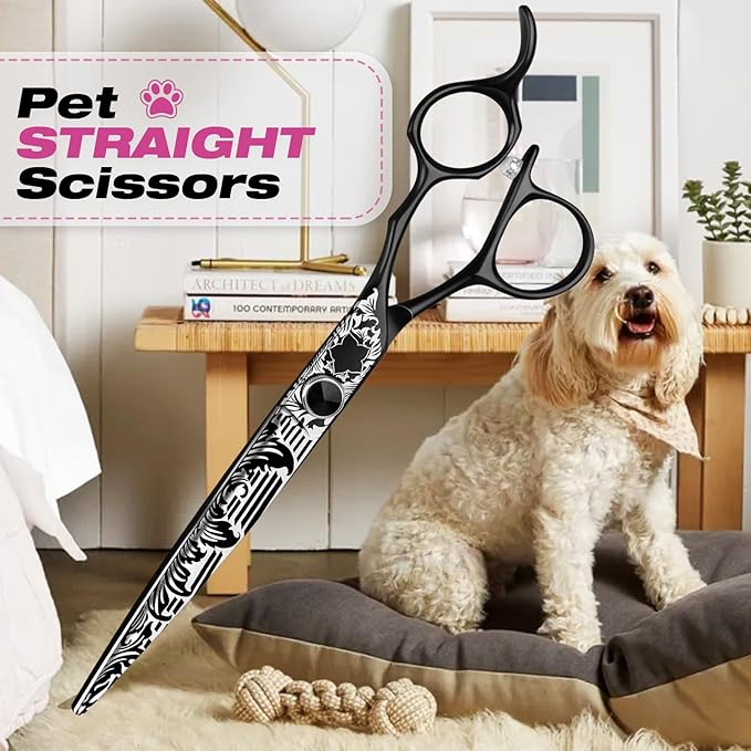JASON Dog Grooming Scissors Kit, Professional 6 in 1 Dog Scissors Set - Thinning Shear, Straight Scissor, Dog Chunker, Down-curved Shears and Comb for Dog Cat Pet (Black, 8")