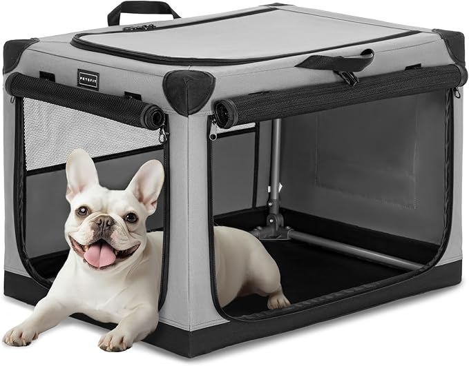 PETSFIT Portable Dog Crate, with Patented Adjustable Fabric Cover, Chewproof & Lockable Mesh Doors, Waterproof Base Collapsible Kennel Grey 26 Inch