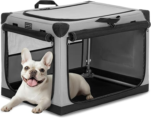 PETSFIT Portable Dog Crate, with Patented Adjustable Fabric Cover, Chewproof & Lockable Mesh Doors, Waterproof Base Collapsible Kennel Grey 26 Inch