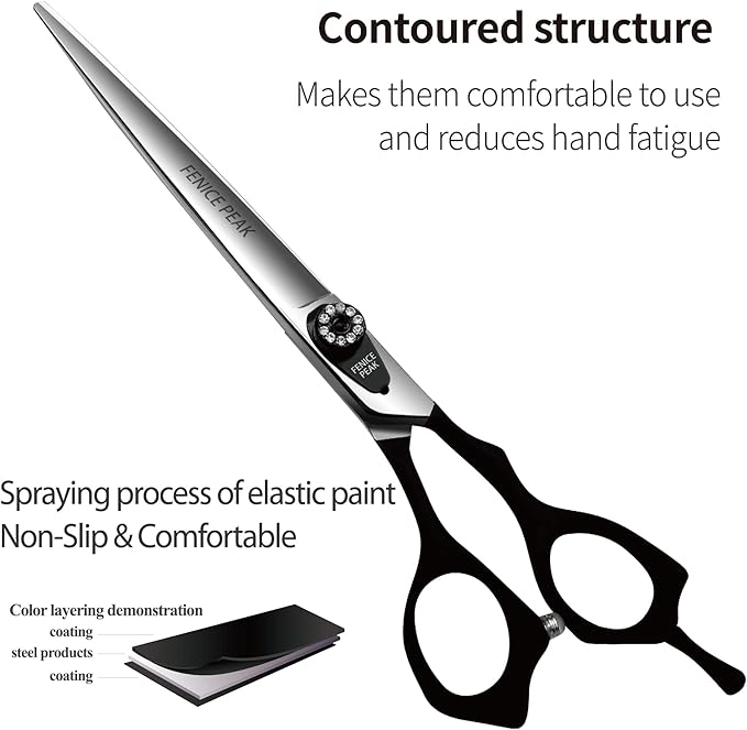 Fenice Peak 7.5'' Dog Straight Scissors for Grooming Heavy and Anti-Slip Black Handler 440C Stainless Steel Professional Pet Trimming Scissors Sharp Blades Cutting for Dogs and Cats