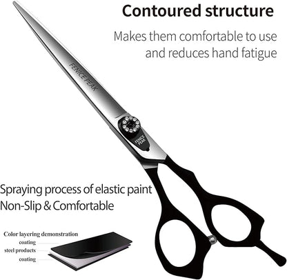 Fenice Peak 7.5'' Dog Straight Scissors for Grooming Heavy and Anti-Slip Black Handler 440C Stainless Steel Professional Pet Trimming Scissors Sharp Blades Cutting for Dogs and Cats