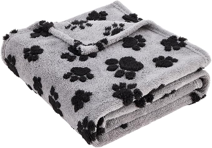 Qeils Jacquard Dog Blankets for Large Dogs, Cozy Calming Pet Blanket Washable for Couch Protection, 280GSM Coral Fleece Plush Fluffy Throw Blanket, Black Paws, 50x60IN