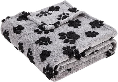 Qeils Jacquard Dog Blankets for Large Dogs, Cozy Calming Pet Blanket Washable for Couch Protection, 280GSM Coral Fleece Plush Fluffy Throw Blanket, Black Paws, 50x60IN