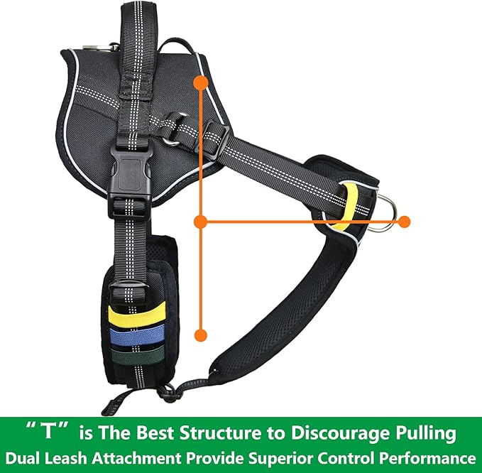 No-Pull Large Dog Harness - Tatical Dog Harness for Large Dog with Handle, Freedom No Pull Escape Proof Dog Vest Harness, Front Clip Reflective Adjustable Service Dog Harness(Black, Large)