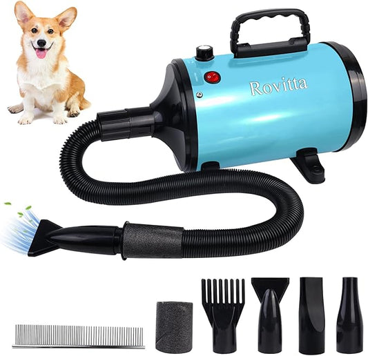 Rovitta Dog Dryer, Dog Blow Dryer, High Velocity Professional Pet Grooming Dryer for Large Dogs, Adjustable Temperature and Speed, 4 Different Exhaust Nozzles, Anti-hot Grip, with Brush