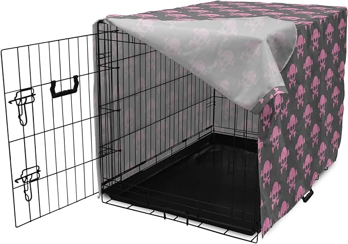 Lunarable Skull Dog Crate Cover, Vivid Pirate on Pale Background Head of a Skeleton and Bones Halloween Themed, Easy to Use Pet Kennel Cover for Cats & Medium Dogs, 24 Inch, Pink Taupe