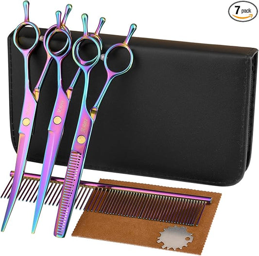 Dog Scissors for Grooming with Safety Blunt Tip, Dog Grooming Scissors Set for Pets, Professional 7 in 1 Shears for Dogs and Cats - 6CR Coated Steel (Rainbow)