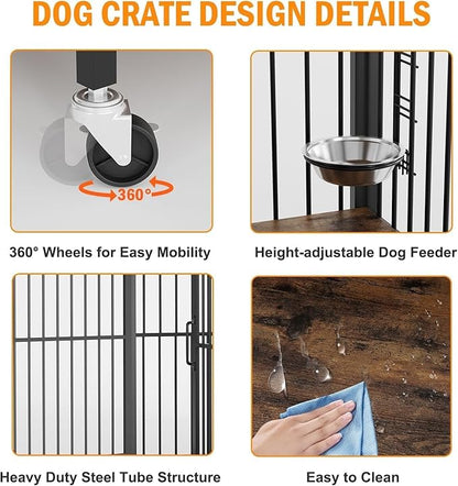 48 Inch Dog Crate Furniture, Dog Crate with Adjustable Height Feeder, Designed for Small Dogs, Featuring 360-Degree Swivel Wheels for Easy Movement, Rustic Brown Finish