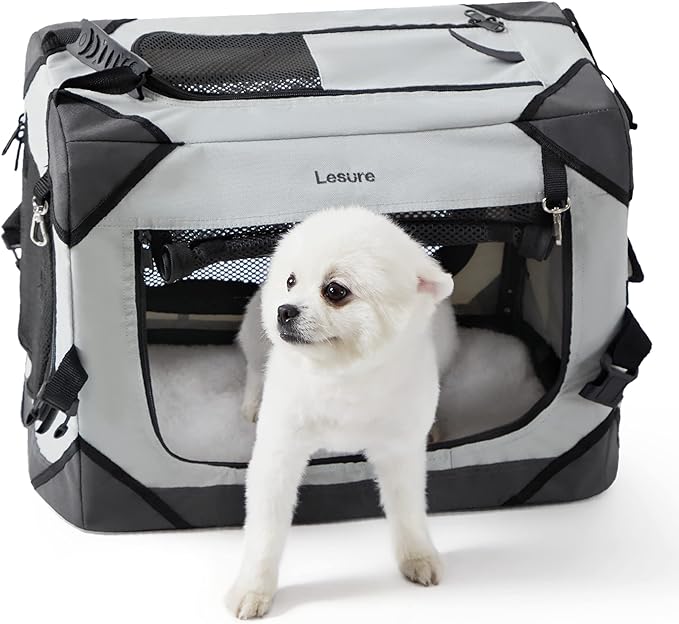 Lesure Collapsible Dog Crate - Portable Travel Kennel for Extra Small Dog, 4-Door Pet Crate with Durable Mesh Windows, Indoor & Outdoor, Light Gray