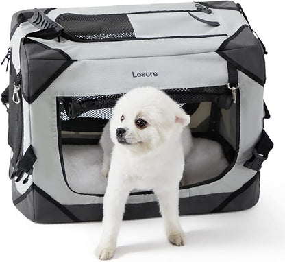 Lesure Collapsible Dog Crate - Portable Travel Kennel for Extra Small Dog, 4-Door Pet Crate with Durable Mesh Windows, Indoor & Outdoor, Light Gray