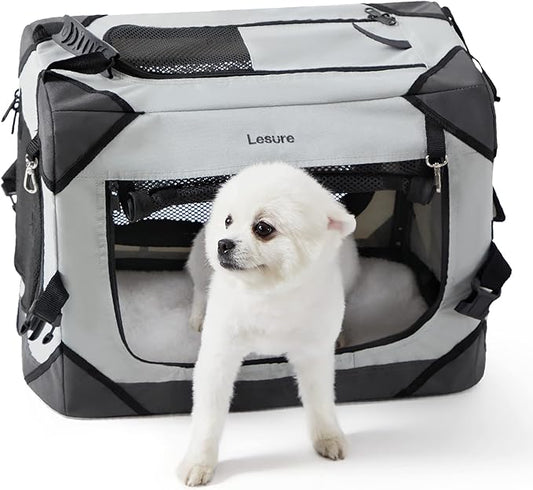 Lesure Collapsible Dog Crate - Portable Travel Kennel for Extra Small Dog, 4-Door Pet Crate with Durable Mesh Windows, Indoor & Outdoor, Light Gray