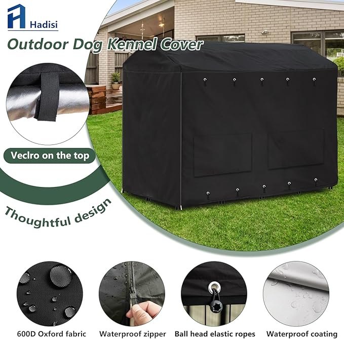 Outdoor Dog Kennel Cover 8'Dx4'Wx6'H Full Coverage Windproof Anti-UV.with Transparent PVC Window and Breathable Mesh.Waterproof Dog Kennel Cover for Multiple Brands of Dog Kennels,Cover Only.(Black)