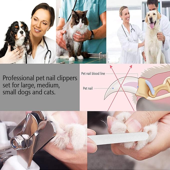 Pet Nail Clippers and Trimmers Set Safety Guard to Avoid Over Cutting Razor Sharp Blades Grooming Tool for All Small Large Dog Cat (Grey)