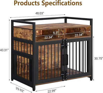 48 Inch Large Dog Crate Furniture for Large Dogs, Heavy Duty Kennel with 2 Drawers Storage, 360° Adjustable Raised Feeder, Wooden Dog Cage Indoor House End Table for Dogs