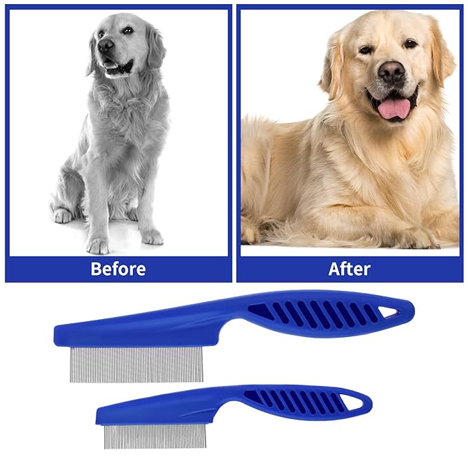 Pet Hair Comb Tear Stain Removal,2 Pack Multifunctional Pets Grooming Comb Kit 2 in 1 Dog Combs Stainless Grooming Massage Dual-Sided Comb for Knots Crust Floating Hair Tangle Fleas(Blue)