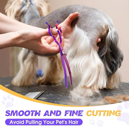 JASON 7.5" Dog Grooming Scissors - Professional Curved Thinning Shears for Grooming, Japanese 440C Stainless Steel Blender Shears with Diamond Adjustable Screw (65 Teeth, Purple)