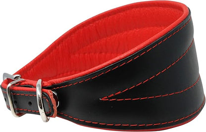 Real Leather Extra Wide Padded Tapered Dog Collar Glossy Black Greyhound Saluki Deerhound Lurcher Whippet Dachshund (13.25"-15.25" Neck; 2.5" Wide, Red)