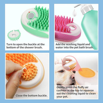 WishLotus Pet Bath Brush, Puppy Massage Brush with Shampoo Dispenser Pet Grooming Tool for Small Animals Soft Silicone Dog Shower Brush for Long Short Haired Dog and Cat Washing (Pink)