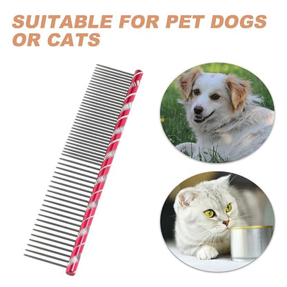 UEETEK Dog Grooming Comb : Stainless Steel Dog Combs with Rounded Ends for Dematting & Shedding, 2-in-1 Fine & Wide Tooth Design, 6.3 X 1.38 X 0.12 Inch (Rose Red)