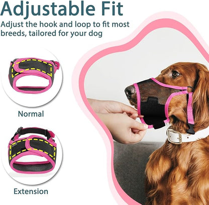 LUCKYPAW Dog Muzzle, Mesh Dog Muzzle for Large Medium Small Dogs, Soft Muzzles for Biting Chewing Fierce Barking, Breathable Muzzle with Adjustable Strap for Training (Hot Pink, L(Snout:9.75"-11"))