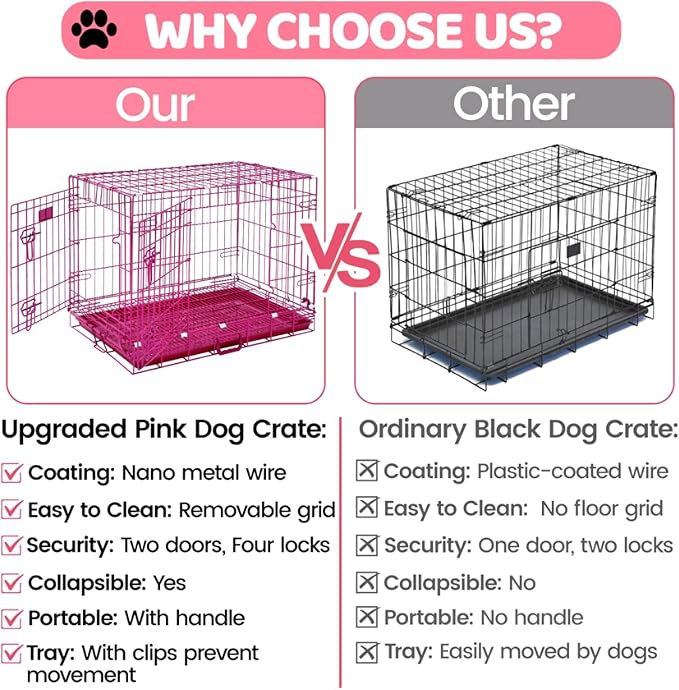 HOMEY PET 30 Inch Pink Dog Crate, Cute Cage Medium Sized Dog Collapsible Small Dog Kennel Indoor Nano-Coated Metal Wire Dog Crate with Removable Floor Grid Tray, Double Doors Dual Locks, Handle