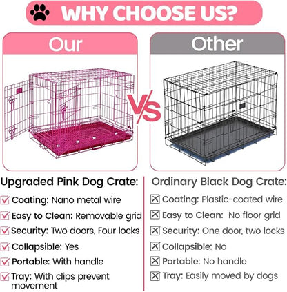 HOMEY PET 30 Inch Pink Dog Crate, Cute Cage Medium Sized Dog Collapsible Small Dog Kennel Indoor Nano-Coated Metal Wire Dog Crate with Removable Floor Grid Tray, Double Doors Dual Locks, Handle