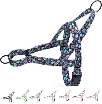No Pull Dog Harness for Small, Medium, and Large Pets - Floral Pattern Nylon Safety Training Dog Harness (L, Skull)