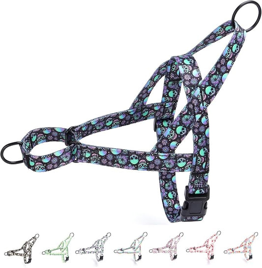 No Pull Dog Harness for Small, Medium, and Large Pets - Floral Pattern Nylon Safety Training Dog Harness (L, Skull)