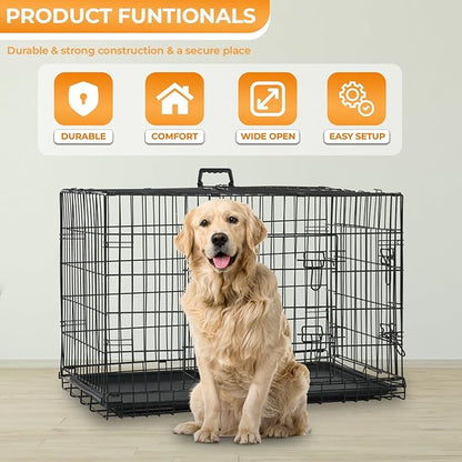 PayLessHere Large Dog Crate Kennel for Medium Large Dogs Metal Dog Cage Double-Door Folding Travel Indoor Outdoor Puppy Playpen with Divider and Handle Plastic Tray (48 Inch, Black)