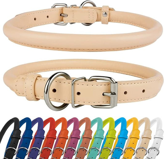 CollarDirect Rolled Leather Dog Collar, Soft Padded Round Puppy Collar, Handmade Genuine Leather Collar Dog Small Large Cat Collars 13 Colors (18-22 Inch, Beige Textured)