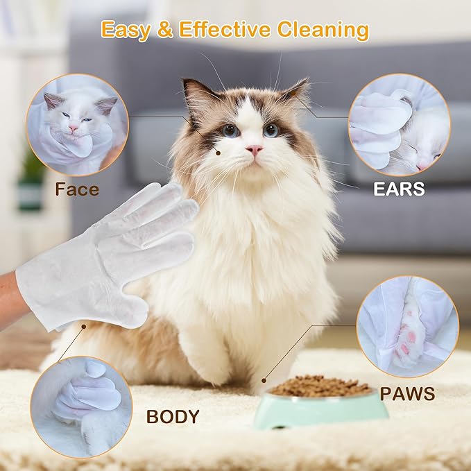Pet Grooming Glove - Gentle Deshedding Brush Glove, Pet Bathing Wipes - Enhanced Five Finger Design - Daily Care and Traveling - Perfect for Dog & Cat with Long & Short Fur (5pcs/1-Kit)