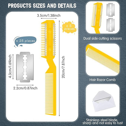 Yinkin 5 Pieces Razor Comb for Dogs Hair Grooming Trimmer for Pet Razor Comb with 25 Extra Blades Manual Dog Hair Trimmer Double Edge for Cats Hair Cutting Tool(Yellow)
