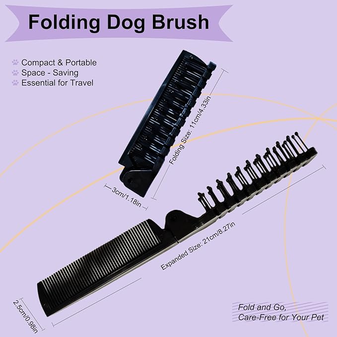 Foldable Dual-Head Puppy Brush Small Dogs Interchangeable Combs Soft Bristles Portable Grooming Tool Yorkie Shih Tzu Maltipoo (Black)