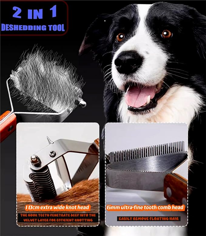 Pet Dematting Comb – 20-Tooth Stainless Steel Grooming Rake for Dogs & Cats, Effective for Medium to Long-Haired Breeds, Tangle & Shedding Control, Anti-Slip Wooden Handle