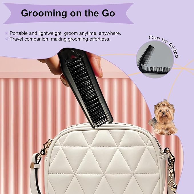Folding Small Dog Grooming Brush - Perfect for Shih Tzus, Yorkies, and Maltipoos - Ideal Puppy Hair Brushes for Maltese and Small Breeds (Black)