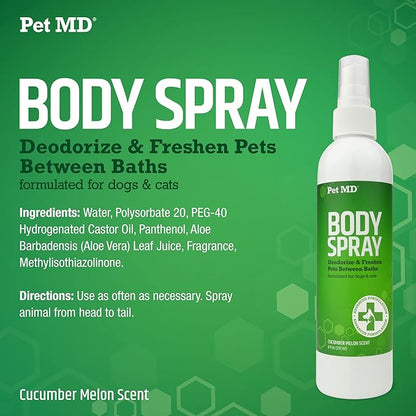 Pet MD Body Spray for Dogs & Cats - Deodorizing Dog Perfume Reduces Static & Eliminates Odor - Long-Lasting Pet Cologne Spray for Dogs - Cucumber Melon Scent - 8 oz