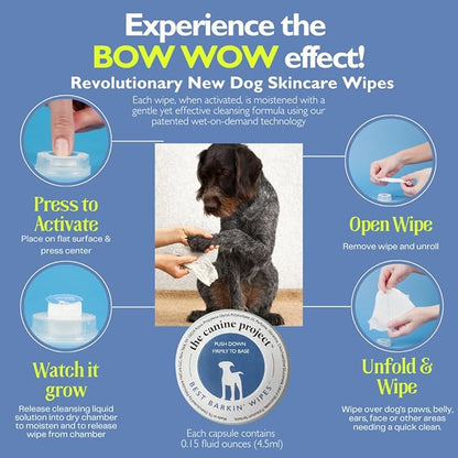 Best BARKIN' Wipes with Free Mesh Bag - Dog Wipes for Paws Ears and Butt - Micellar Aloe Scented Travel Friendly Puppy Wipes (12-Pack)